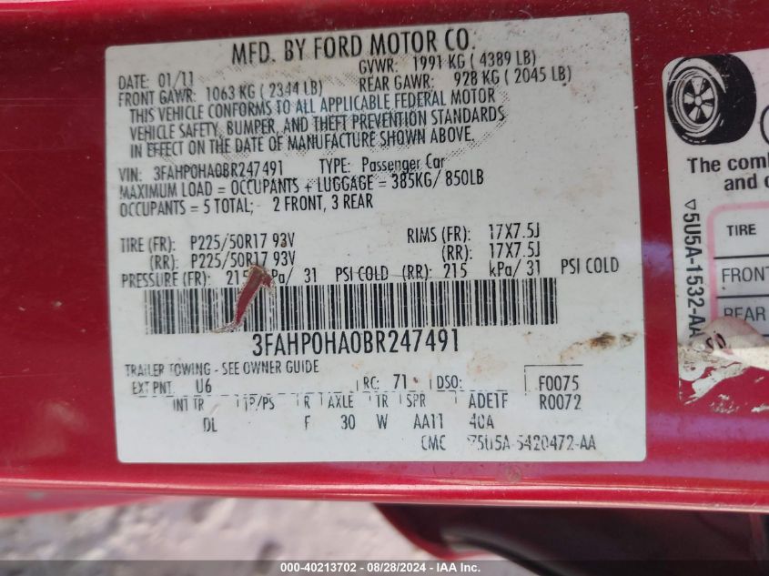 2011 Ford Fusion Se VIN: 3FAHP0HA0BR247491 Lot: 40213702