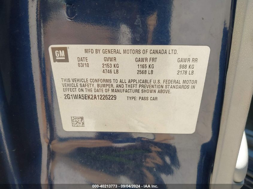 2010 Chevrolet Impala Ls VIN: 2G1WA5EK2A1226229 Lot: 40213773