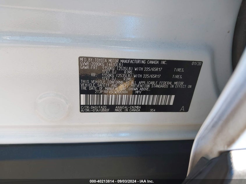 VIN 2T3P1RFV5LW100484 2020 TOYOTA RAV4 XLE/XLE PREMIUM