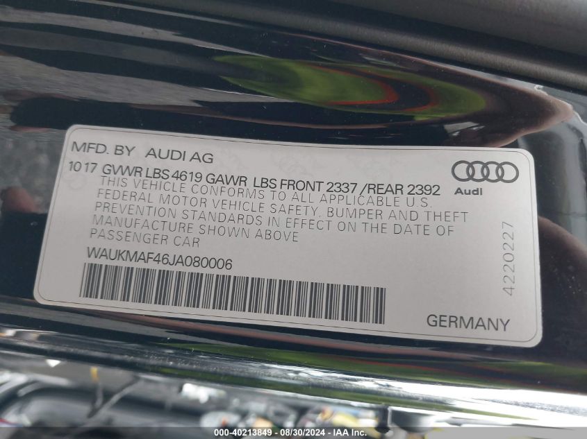 WAUKMAF46JA080006 2018 Audi A4 2.0T Tech Ultra Premium/2.0T Ultra Premium