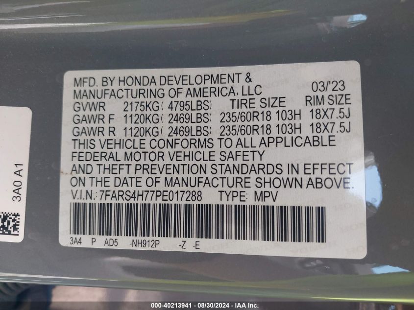 2023 Honda Cr-V Ex-L Awd VIN: 7FARS4H77PE017288 Lot: 40213941