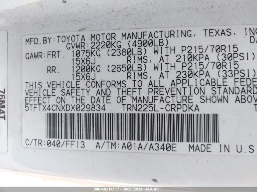 2013 Toyota Tacoma Access Cab VIN: 5TFTX4CNXDX029834 Lot: 40214117