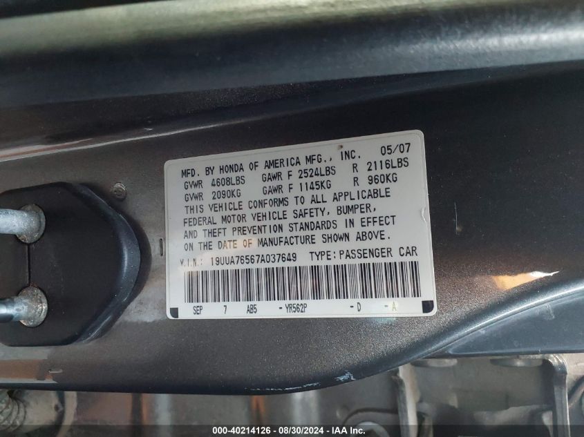 2007 Acura Tl Type S VIN: 19UUA76567A037649 Lot: 40214126