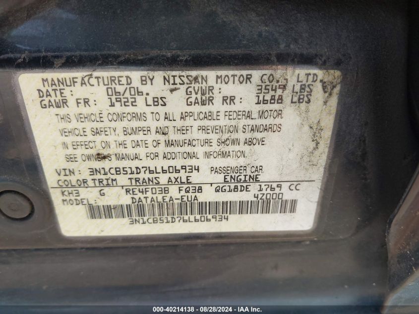 2006 NISSAN SENTRA VIN: 3N1CB51D76L606934
