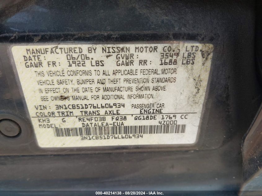 2006 Nissan Sentra 1.8S VIN: 3N1CB51D76L606934 Lot: 40214138