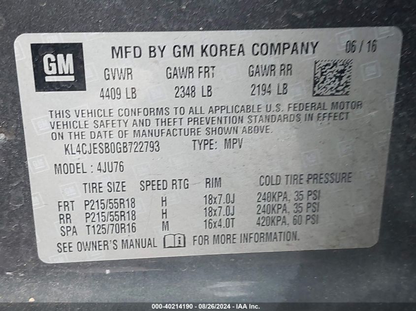 2016 Buick Encore VIN: KL4CJESB0GB722793 Lot: 40214190