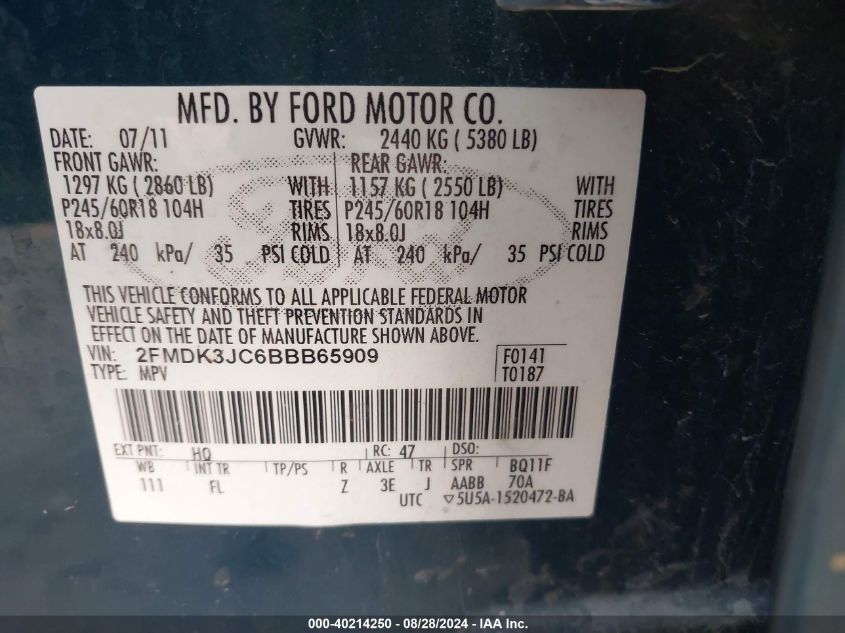 2011 Ford Edge Sel VIN: 2FMDK3JC6BBB65909 Lot: 40214250