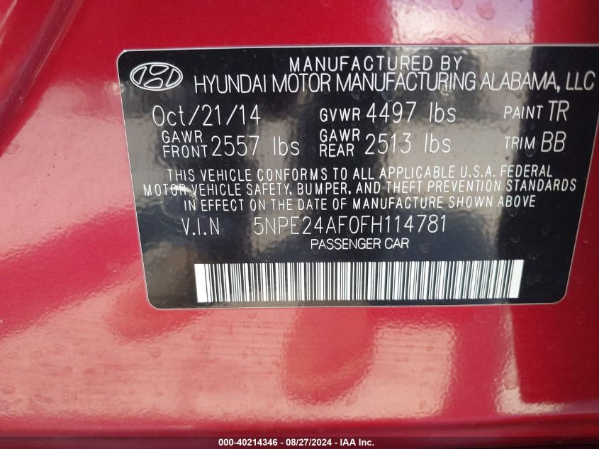 2015 Hyundai Sonata Se VIN: 5NPE24AF0FH114781 Lot: 40214346