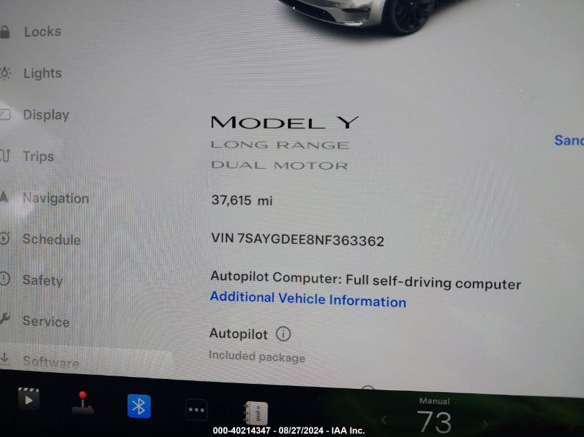 2022 Tesla Model Y Long Range Dual Motor All-Wheel Drive VIN: 7SAYGDEE8NF363362 Lot: 40214347