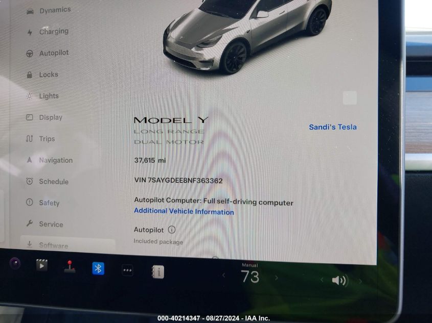 2022 Tesla Model Y Long Range Dual Motor All-Wheel Drive VIN: 7SAYGDEE8NF363362 Lot: 40214347