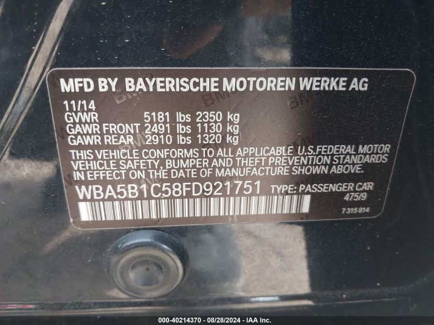 2015 BMW 535I VIN: WBA5B1C58FD921751 Lot: 40214370