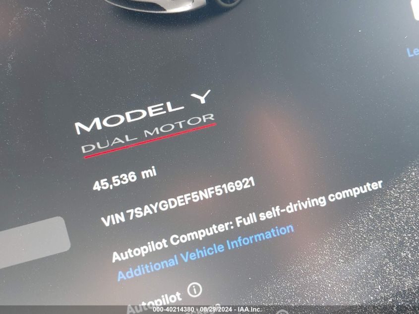 2022 Tesla Model Y Performance Dual Motor All-Wheel Drive VIN: 7SAYGDEF5NF516921 Lot: 40214380