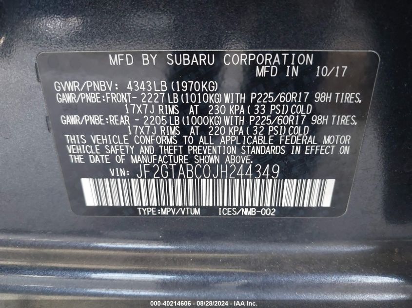 JF2GTABC0JH244349 2018 Subaru Crosstrek 2.0I Premium