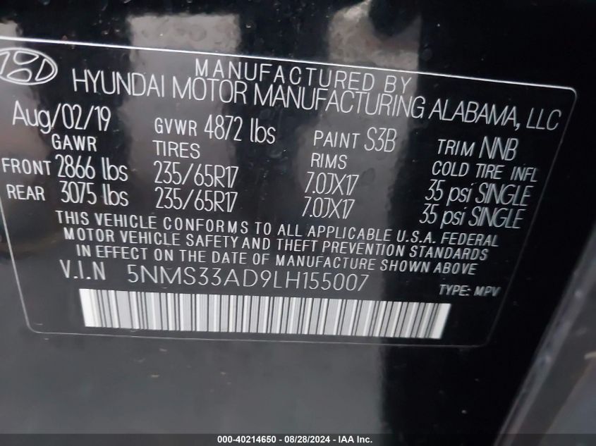 2020 Hyundai Santa Fe Sel VIN: 5NMS33AD9LH155007 Lot: 40214650