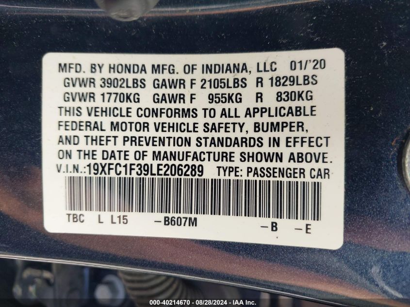 2020 Honda Civic Ex VIN: 19XFC1F39LE206289 Lot: 40214670