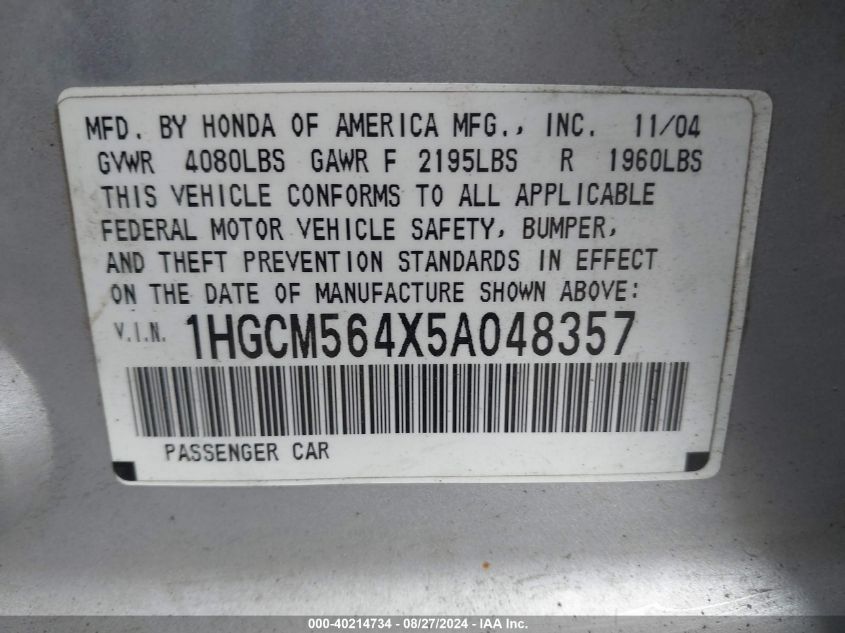 2005 Honda Accord 2.4 Lx VIN: 1HGCM564X5A048357 Lot: 40214734