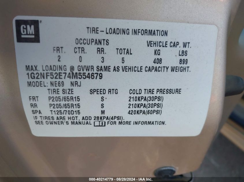 2004 Pontiac Grand Am Se1 VIN: 1G2NF52E74M554679 Lot: 40214779