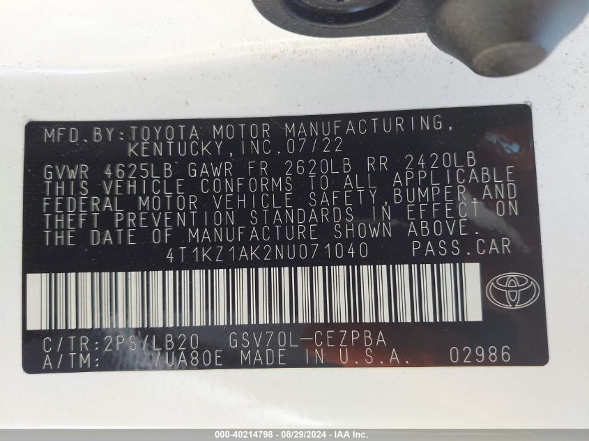 2022 TOYOTA CAMRY XSE V6 - 4T1KZ1AK2NU071040