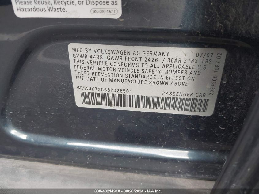 WVWJK73C68P028501 2008 Volkswagen Passat Turbo