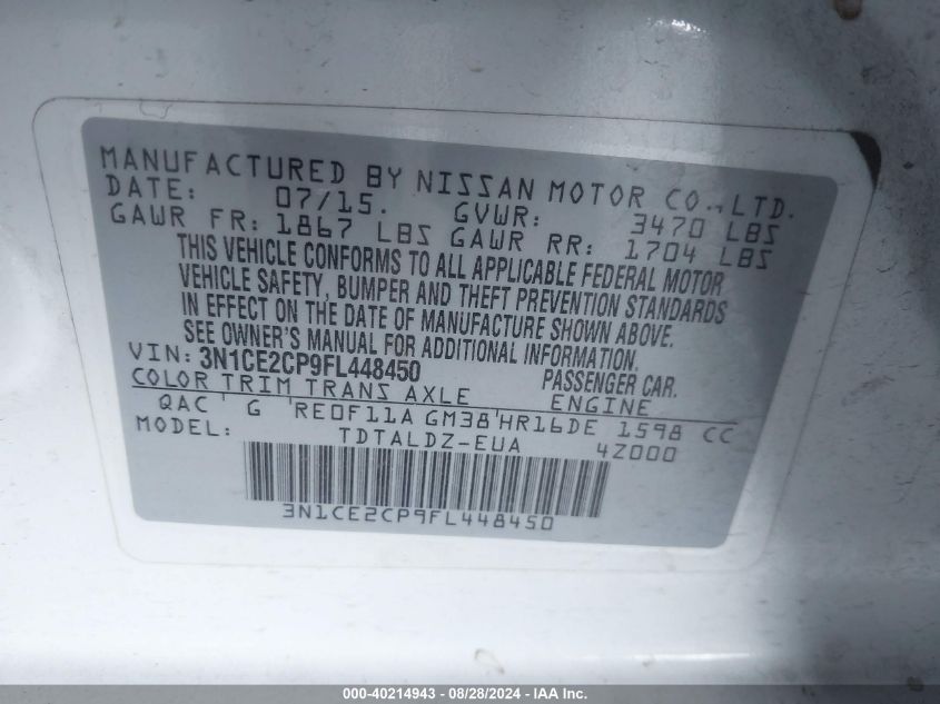 3N1CE2CP9FL448450 2015 Nissan Versa Note Sv