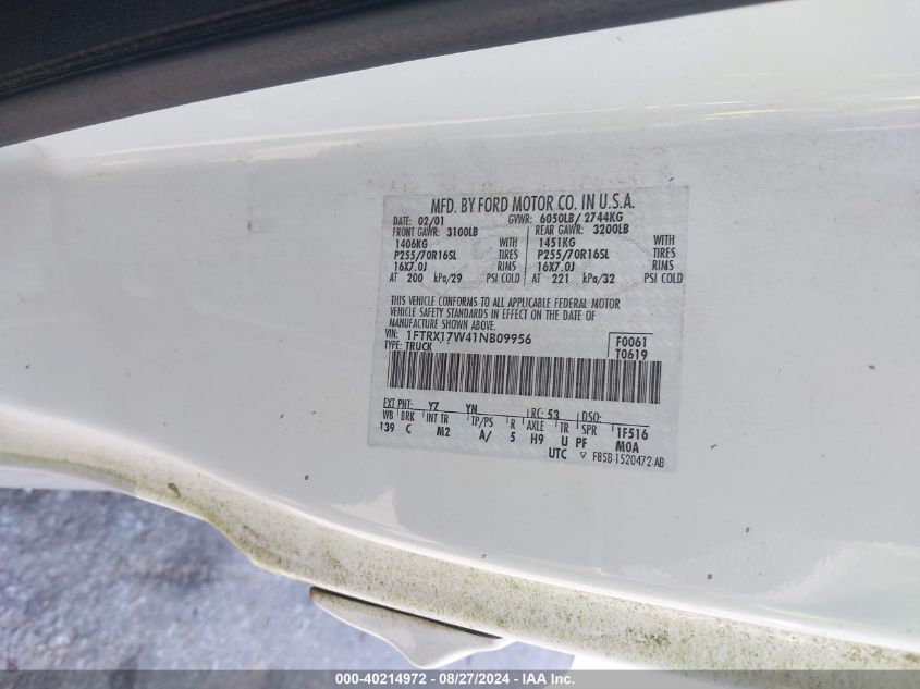 2001 Ford F-150 Lariat/Xl/Xlt VIN: 1FTRX17W41NB09956 Lot: 40214972