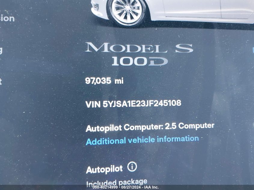 2018 Tesla Model S 100D/75D/P100D VIN: 5YJSA1E23JF245108 Lot: 40214999