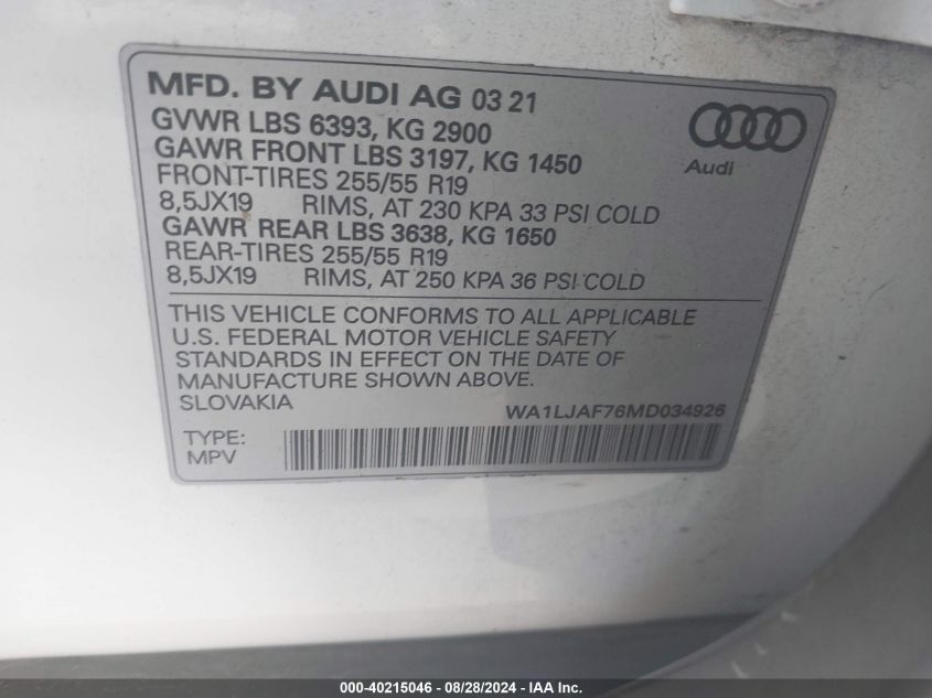 WA1LJAF76MD034926 2021 Audi Q7 Premium Plus 45 Tfsi Quattro Tiptronic