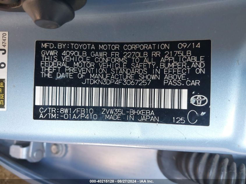 2015 Toyota Prius Plug-In VIN: JTDKN3DP4F3067257 Lot: 40215128