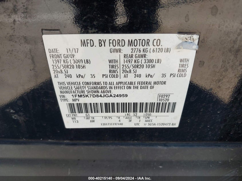 VIN 1FM5K7D84JGA24959 2018 FORD EXPLORER XLT
