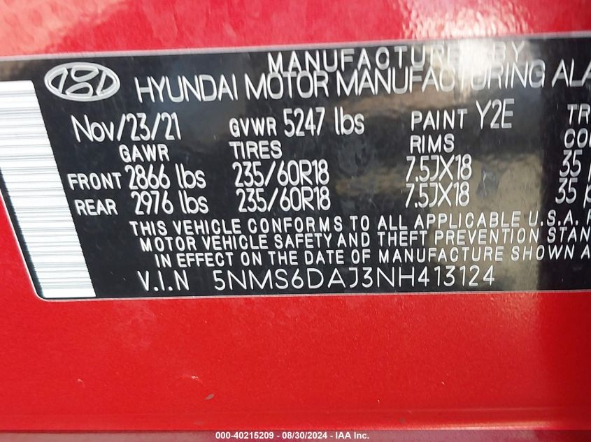 2022 Hyundai Santa Fe Sel VIN: 5NMS6DAJ3NH413124 Lot: 40215209