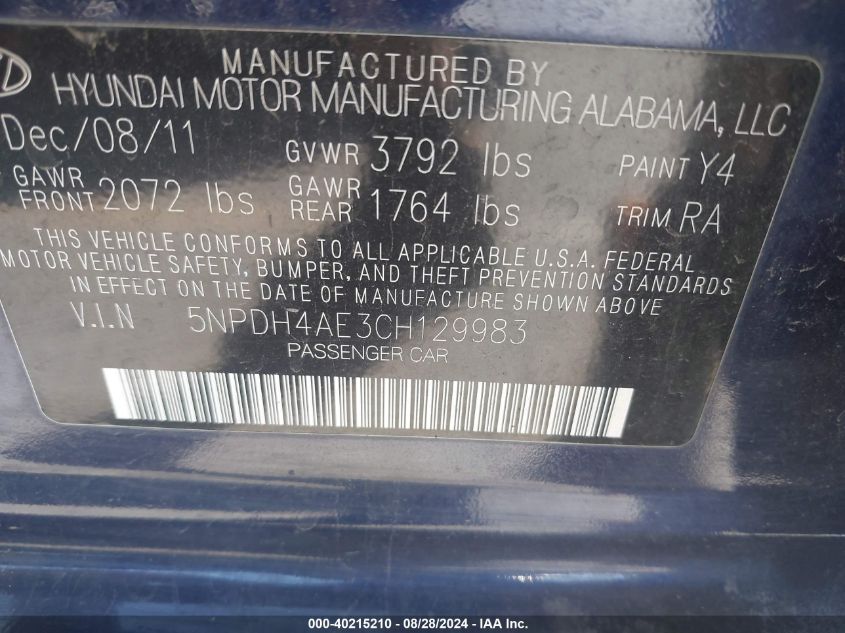 5NPDH4AE3CH129983 2012 Hyundai Elantra Gls
