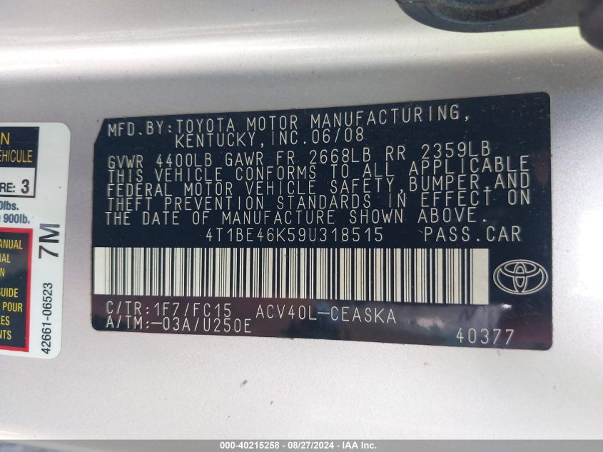 2009 Toyota Camry Se VIN: 4T1BE46K59U318515 Lot: 40215258