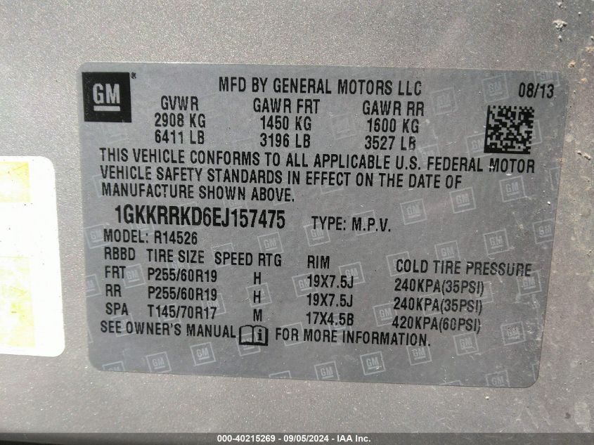 2014 GMC Acadia Slt-1 VIN: 1GKKRRKD6EJ157475 Lot: 40215269