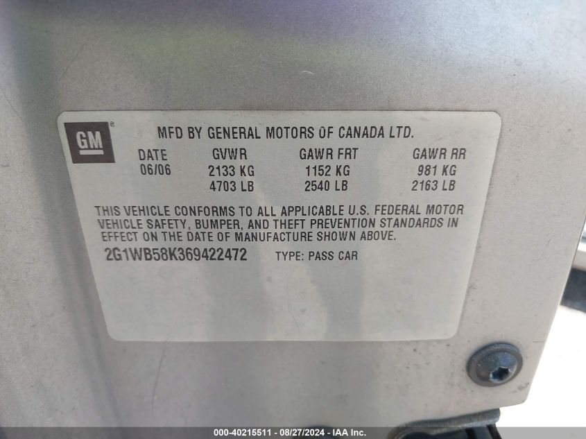 2006 Chevrolet Impala Ls VIN: 2G1WB58K369422472 Lot: 40215511