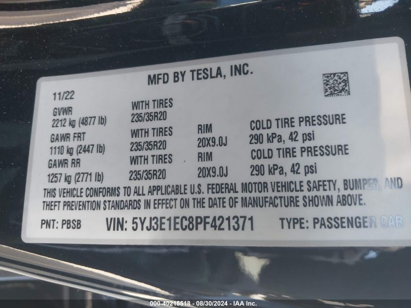 2023 Tesla Model 3 Performance Dual Motor All-Wheel Drive VIN: 5YJ3E1EC8PF421371 Lot: 40215518