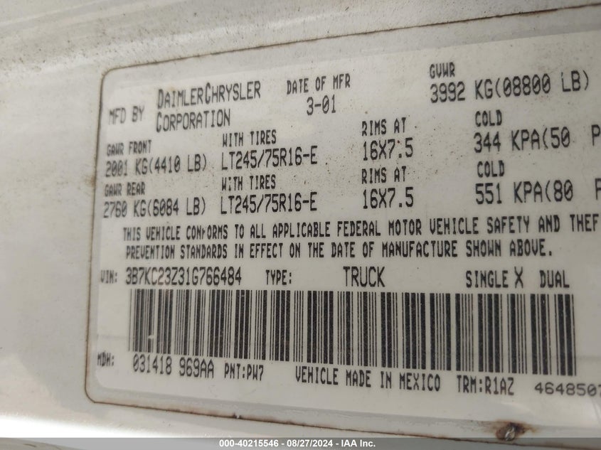 2001 Dodge Ram 2500 St VIN: 3B7KC23Z31G766484 Lot: 40215546