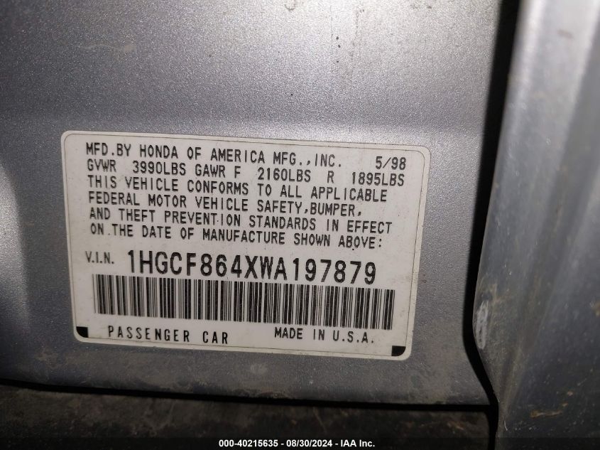 1998 Honda Accord Dx VIN: 1HGCF864XWA197879 Lot: 40215635