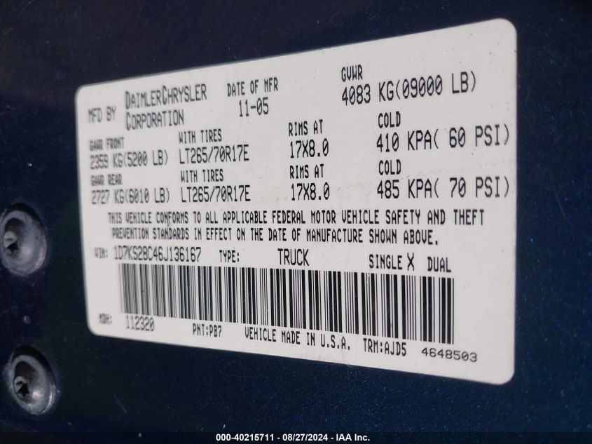2006 Dodge Ram 2500 Slt/Trx4 Off Road/Sport/Power Wagon VIN: 1D7KS28C46J136167 Lot: 40215711