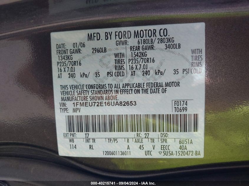 1FMEU72E16UA82653 2006 Ford Explorer Xls