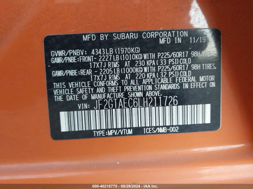 JF2GTAEC6LH211726 2020 Subaru Crosstrek Premium