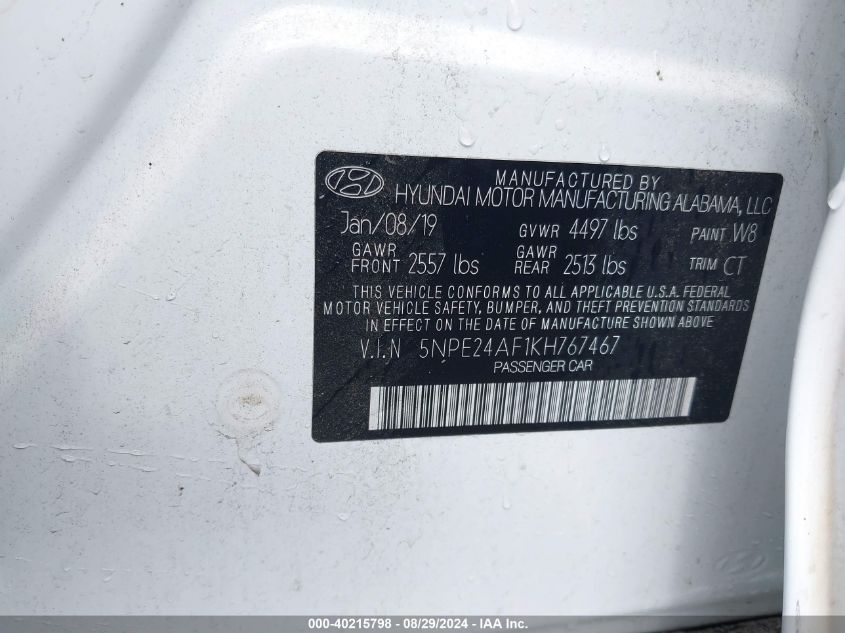 5NPE24AF1KH767467 2019 Hyundai Sonata Se