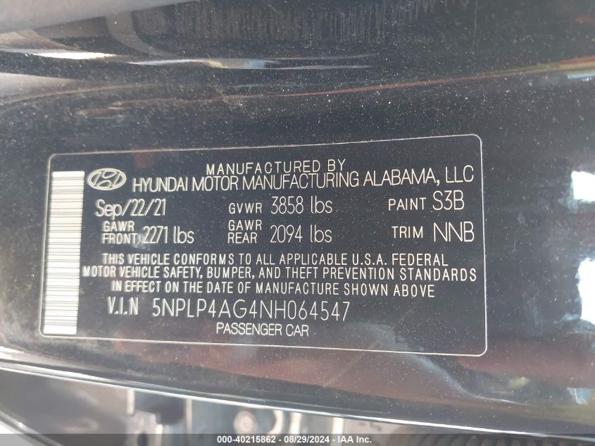 2022 Hyundai Elantra Limited VIN: 5NPLP4AG4NH064547 Lot: 40215862