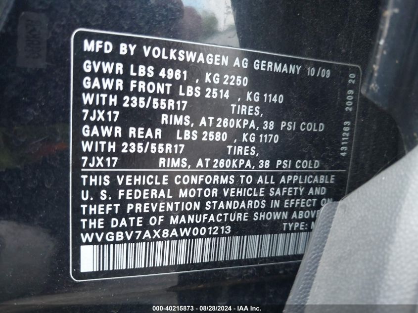 2010 Volkswagen Tiguan Se VIN: WVGBV7AX8AW001213 Lot: 40215873