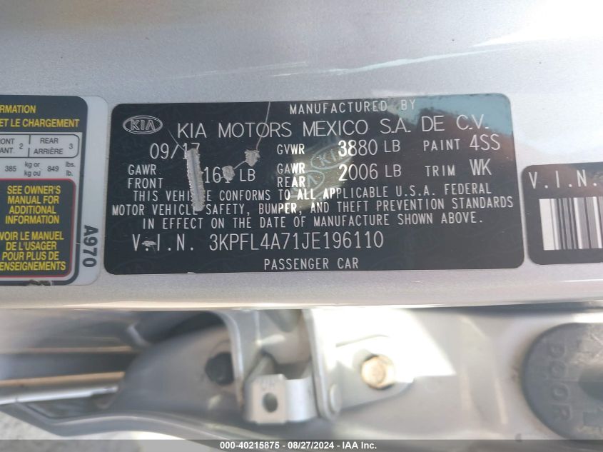 2018 Kia Forte Lx VIN: 3KPFL4A71JE196110 Lot: 40215875