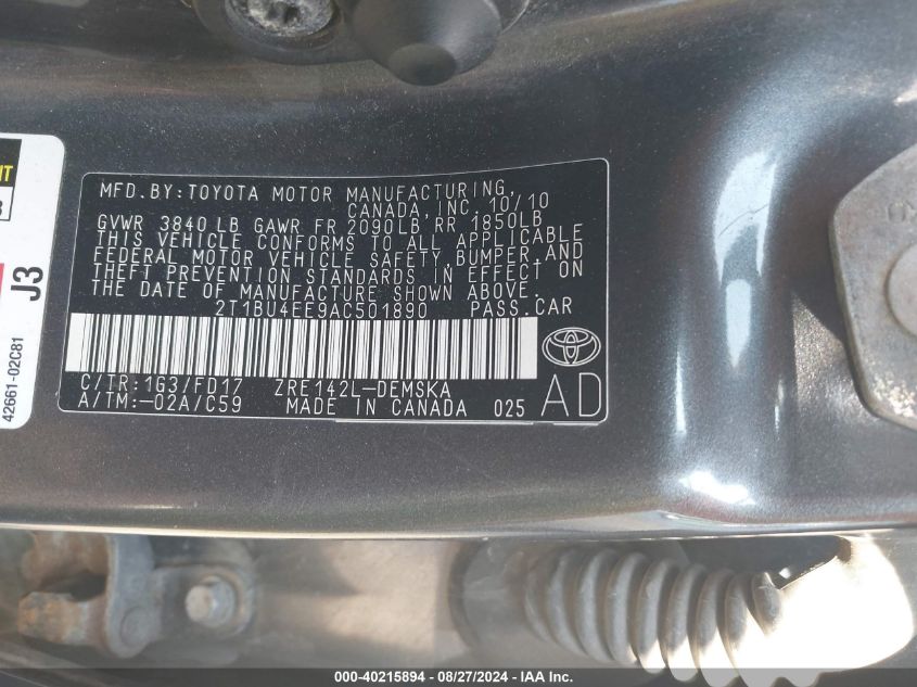 2010 Toyota Corolla S VIN: 2T1BU4EE9AC501890 Lot: 40215894