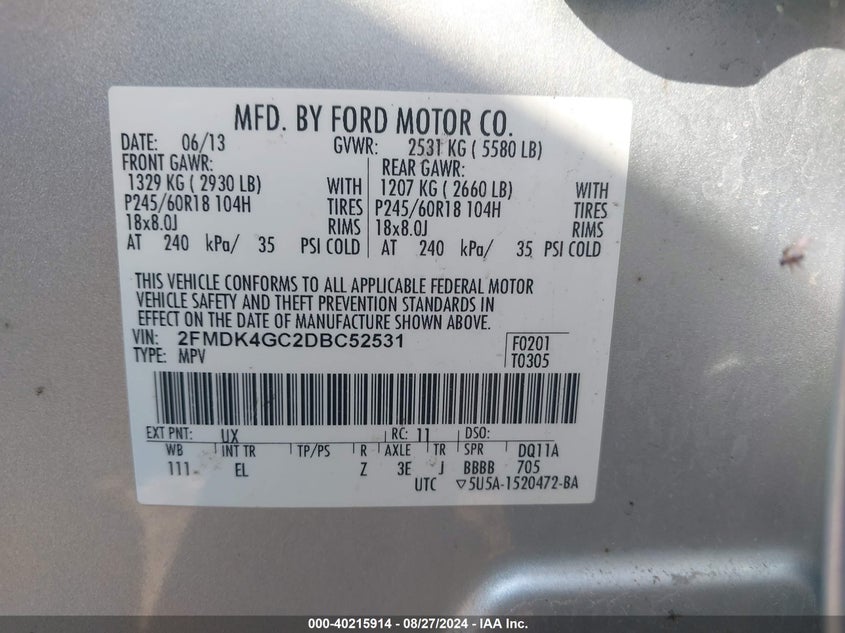 2013 Ford Edge Se VIN: 2FMDK4GC2DBC52531 Lot: 40215914