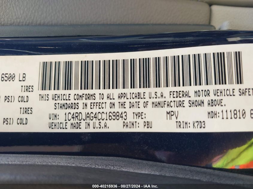 2012 Dodge Durango Sxt VIN: 1C4RDJAG4CC169843 Lot: 40215936