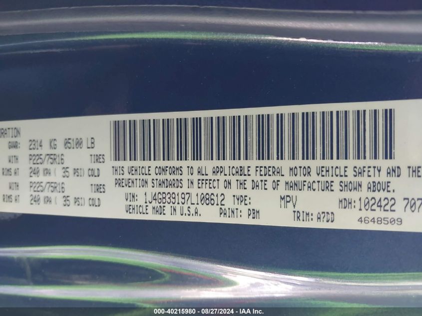 2007 Jeep Wrangler Unlimited X VIN: 1J4GB39197L108612 Lot: 40215980