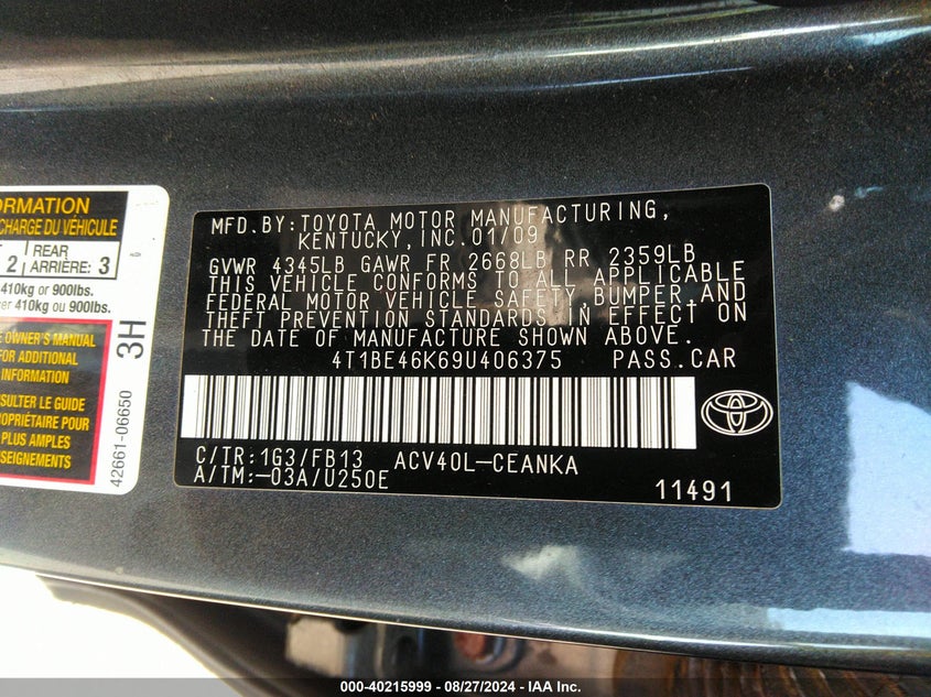 2009 Toyota Camry Le VIN: 4T1BE46K69U406375 Lot: 40215999