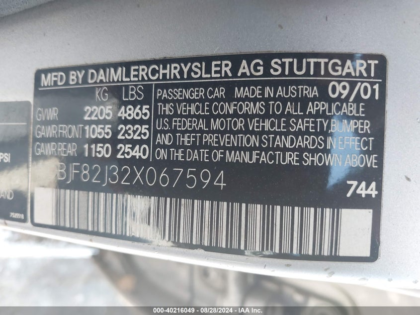 2002 Mercedes-Benz E 320 4Matic VIN: WDBJF82J32X067594 Lot: 40216049